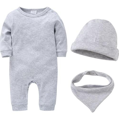 Kavkas Solid Baby Romper 3 pcs/set with Hat Bibs Long Sleeve Spring Summer Newborn Clothes 100% Cotton 0-18 months Jumpsuit