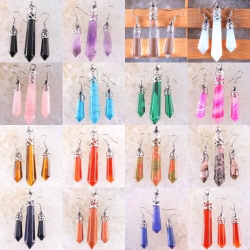 Women Jewelry Sets Natural Stone Hexagonal Beads Blue Lapis Opal Pink Crystal Red Carnelian Howlite Dangle Earrings Pendant