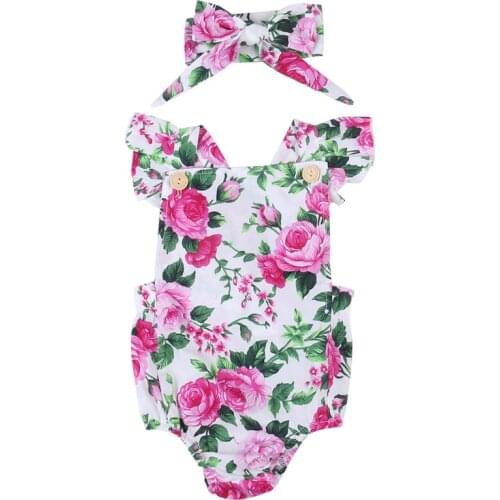 Cute 2PCS Baby Girl Spaghetti Straps Halter Romper + Headbamd Jumpsuit Floral Sunsuit Outfits Clothes Set for Christmas