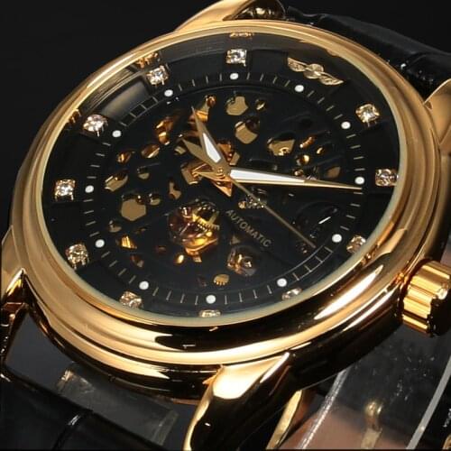 Top Brand Fashion Luxury Diamond Black Gold Watch Hollow Dial Design Leather Wristband Waterproof Alloy Case Mechanical Watches