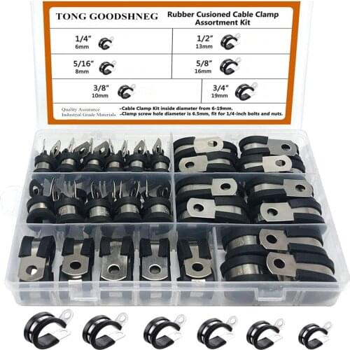 Cable Clamps Assortment Kit,304 Stainless Steel Rubber Cushion Pipe Clamps in 6 Sizes 1/4" 5/16" 3/8" 1/2" 5/8" 3/4"Hand Tools
