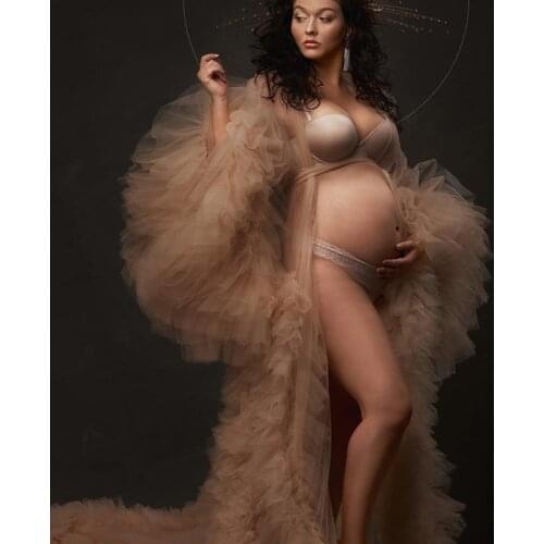 Champagne Ruffles Night Gowns Sexy Women Lingerie Tiered Sleepwear Nightdress Long Sleeve Bridal Boudoir Robe Holiday Wedding