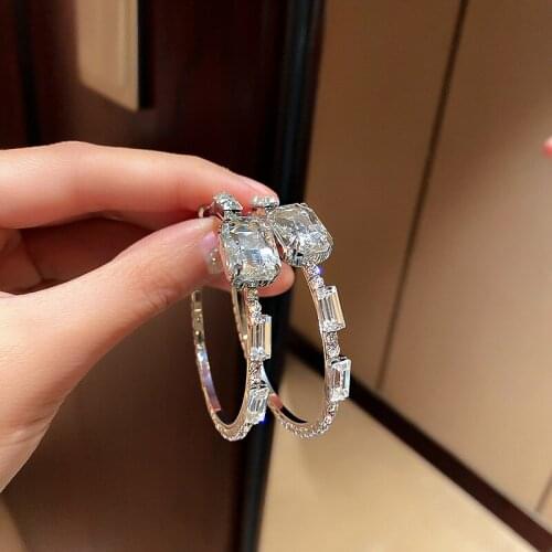 Charm Female Crystal Square Hoop Earrings Classic Silver Color Wedding Earrings Trendy White Zircon Stone Earrings For Women