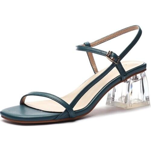 Women Sandals High Heels Sandals Chaussures Femme PU Buckle Strap 5.5CM Thick High Heels Square Toe Shallow Back Strap shoes