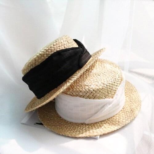 French Retro Casual Womens Summer Hat Silk Decoration Sun Protection Cap Female Flat Top Wide Brim Beach Hat Straw Hat Sun Hats