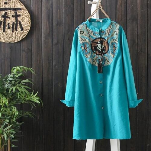 National Style Spring Medium-long Printed Vintage Shirts Tops Female Button Full Sleeve Cardigans Loose Casual Cotton Blouses