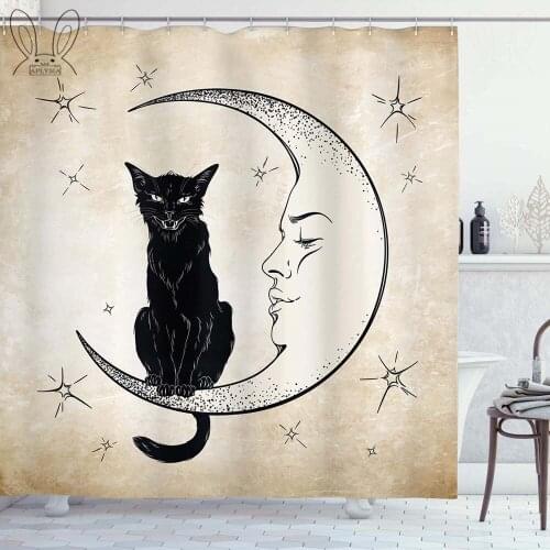 APLYSIA Moon Shower Curtain Black Cat Sitting on White Crescent Moon Bathtub Curtain Mildew-proof Christmas Bathroom Curtain