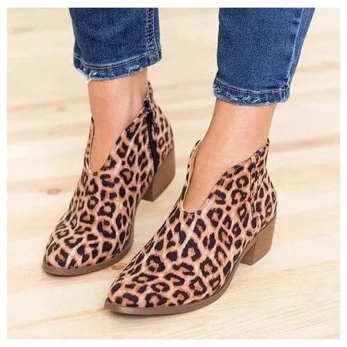 Women Shoes 2021 fashion Leopard Print Sexy Pointed Toe Ankle Boots Slip on Deep V High Heel Martin boots Lady Party Shoes