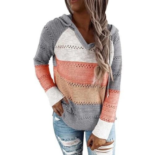 Womens Color Block Long Sleeve Ribbed Knit Sweater Hooded Drawstring Oversized Pullover Sweaters Tops Plus Size S-5XL