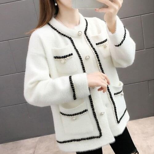 Autumn Winter Sweet Korean Single Breasted Knit Cardigan Women Fashion Pearl Button Imitate Mink Velvet Vintage Sweater Jacket