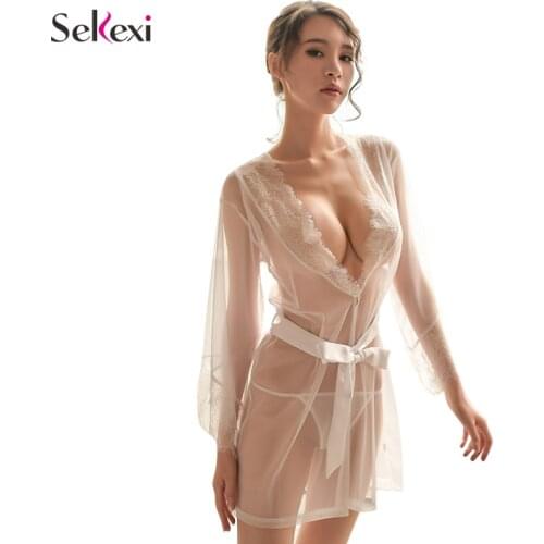 Women See Through Nightgown Sexy Lingerie Pajama Set Eyelash Lace Underwear Erotic Baby Doll Bare Chest Transprent Sleepwear Sex