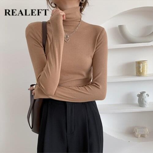 REALEFT 2021 New Autumn Winter Knitting Slim Turtleneck Sweater Solid Bottoming Long Sleeve Minimalist Women Pullover Jumper