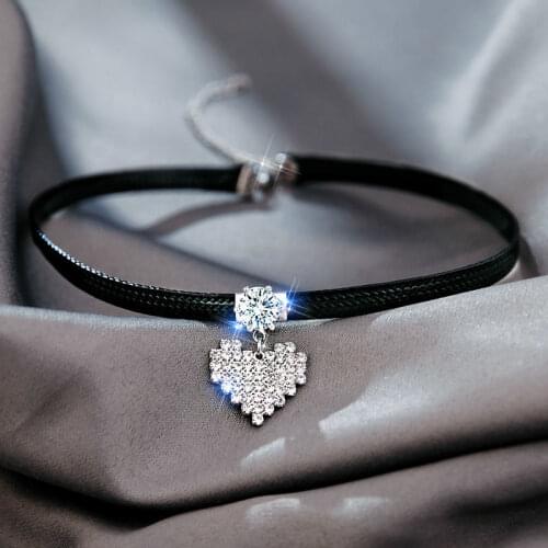 Choker neck with clavicle chain women diamond heart shaped short neck chain leather rope temperament neck Jewelry Necklace