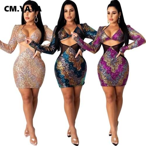 CM.YAYA Women Mesh Sequins Splicing Cut Out Spaghetti Strap V-neck Midi Dress Bodycon Mini Dresses Night Club Party Vestidos