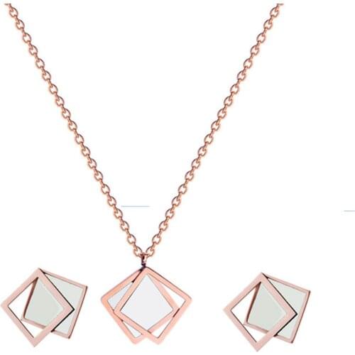 316L Stainless Steel Square White Rose Gold Pendant Female Hot Selling Square Necklace Simple Titanium Steel Jewelry Set