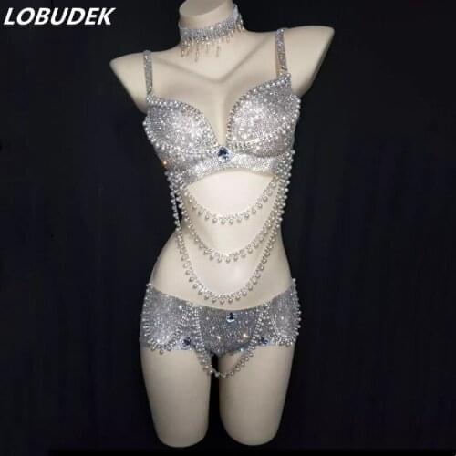 Glisten Silver Rhinestones Chain Bra Shorts 3 Pieces Sexy Bar DJ Dancer Pole Dancing Diamond Bikini Performance Stage Costume