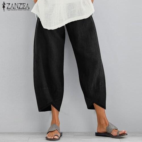 ZANZEA Summer Pants Women Vintage Casual Elastic Waist Loose Trousers Pantalon Palazzo Solid Cotton Harem Pants 2021