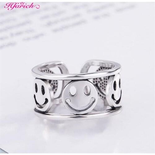 Vintage Ancient Silver Color Happy Smiling Face Open Rings for Women Punk Hip Hop Adjustable Ring Fashion Jewelry Best Gift
