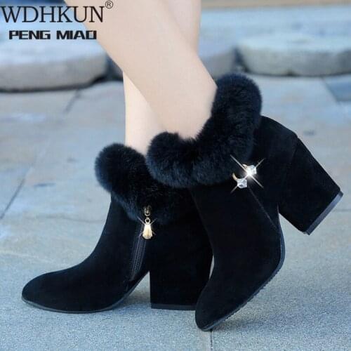 Fashion Boots Women Fur Winter Warm Pointed Ankle Boots Sexy Rhinestone Decoration Zipper Women Boots Comfortable Female Shoes