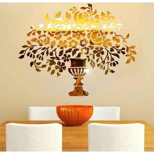 New arrival Crystal acrylic mirror 3d wall stickers Entranceway home decoration vase of flowers butterfly wall stickers