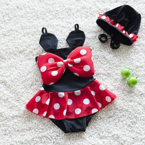 New Summer Baby Girls Swimsuit Black Swimwear with Dot Bow and Hat Kids 2PCS Clothing Set Baby Girls Clothes