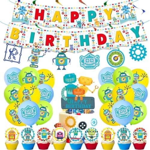 Omilut Robot Birthday Party Decor Cartoon Robot Banner/Balloon/Cake Topper Robot Theme Cake Decor Supplies