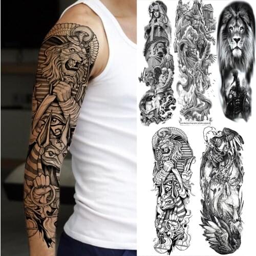 Tribal Indian Orcs Sphinx Punk Lion Wolf Temporary Tattoos Sleeve For Men Adult Fake Warrior Tattoo Sticker Full Arm Tatoos