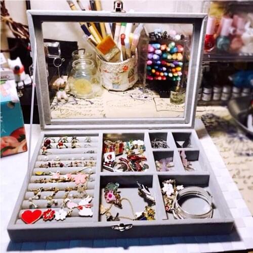 Velvet Glass Ring Earring Jewelry Display Organizer Box Tray Holder Storage Case Pendant display tray