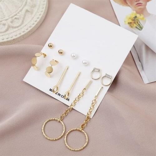 6Pairs/Set Womens Simple White Pearl Ball Round Metal Stud Earrings Set Fashion Gold Geometric Round Chain Earring Jewelry Gift