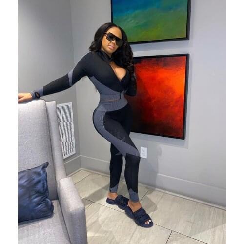 High elastic Patckwork Fitness tracksuit woman 2 piece set skinny Long sleeves crop Top slim Leggings Sportswear Suit Women