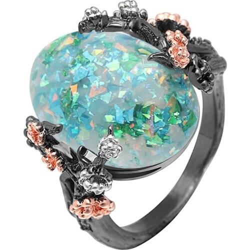 Green Purple Big Fire Opal Ring Beautiful Tree Flower Ring Jewelry Black Gold Ring For Women Dropshipping Bands Finger Ring