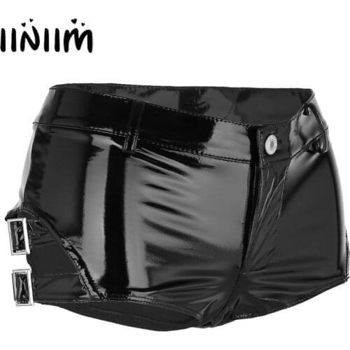 Women Latex Shorts Wet Look Shiny Patent Leather Shorts Sexy Low Rise Hollow Panties Clubwear Mini Shorts Hot Pants with Buckles