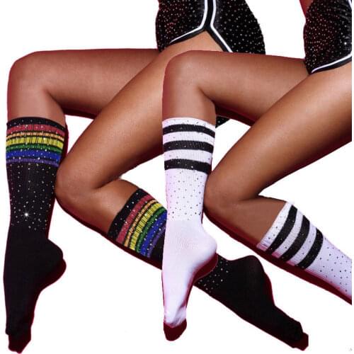 Women Above Knee Long Sequin Striped Socks Football Socks Cheerleader Clothing Sock Casual Ladies Rhinestone Bling Cotton Socks