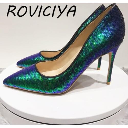 Green bling bling 12cm high heeled lady pumps pointed toe woman party shoes slip-on shoes pumps LF020 ROVICIYA