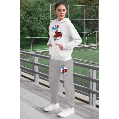 Angemiel Wear I Love Vespa Womens Sweat Suits White Hooded Sweatshirt Gray Sweatpants