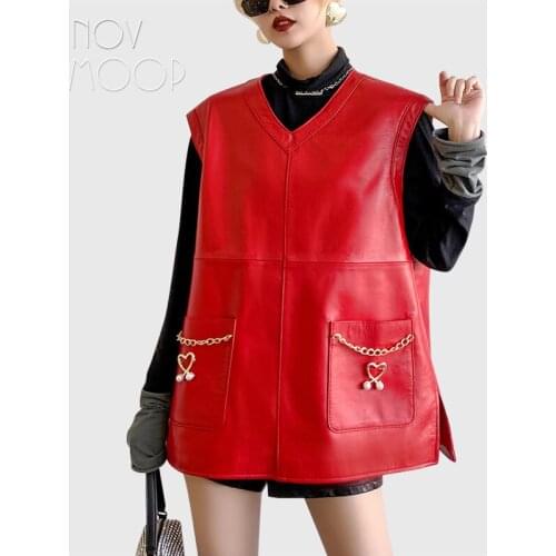 Novmoop genuine leather women top vest metal chain ornament pearl decoration oversize pattern Chaleco de cuero LT3553
