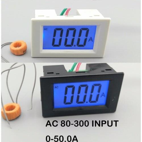LCD display white and black ampere meter Ammeter range AC 0-50.0A Panel Monitor blue backlight 80-300V Inpute
