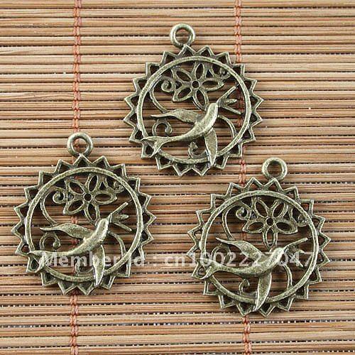 16pcs antiqued bronze round bird flower design pendant G1507
