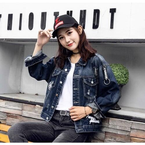 2018 Basic Coats Jeans Jacket Women Casacos Feminino Loose Ripped Holes Denim Jacket Femme Elegant Vintage Bomber Jacket
