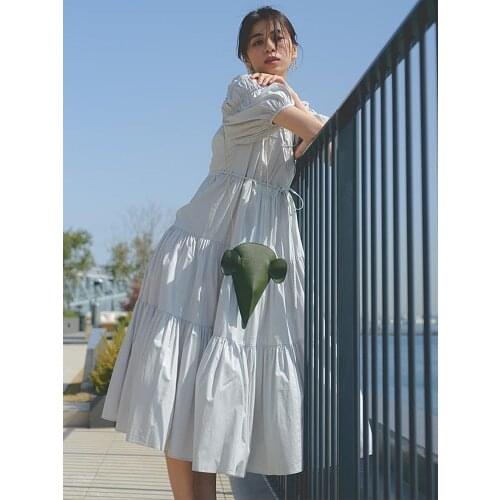 2021 summer cross border temperament age reducing bubble sleeve solid color stitching lace up cake doll dress