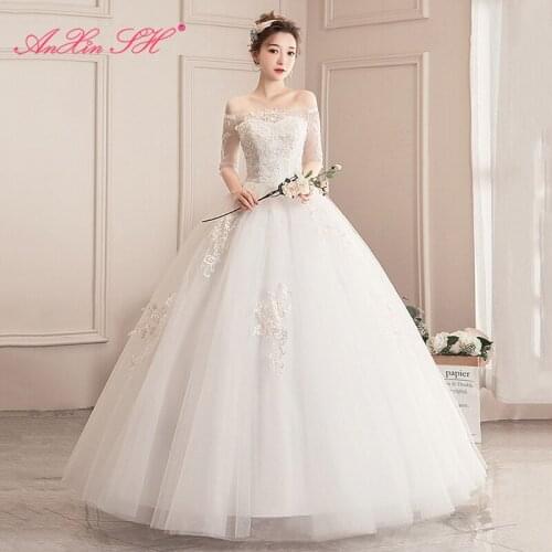 AXJFU princess flower lace wedding dress party vintage boat neck half sleeve illusion ball gown white bride wedding dress