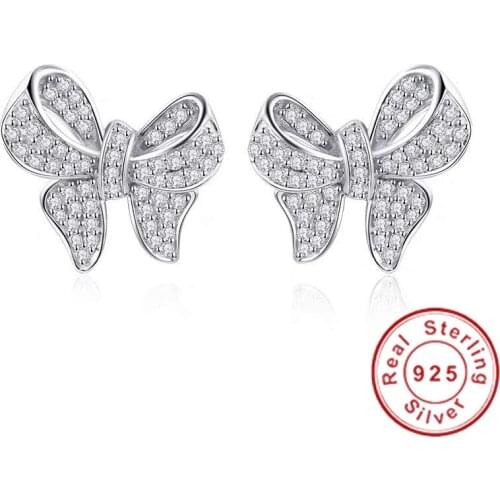Bowknot Diamond cz Stud Earring Real 925 sterling silver Jewelry Engagement Wedding Earrings for Women Bridal Party Gift