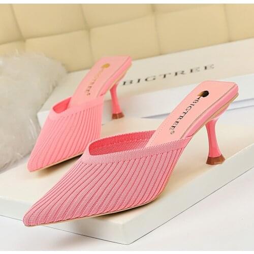 BIGTREE 2020 New Style Summer Mesh Slides Women 6cm Low High Heels Hollow Mules Shales Casual Yellow Kitten Heels Slippers