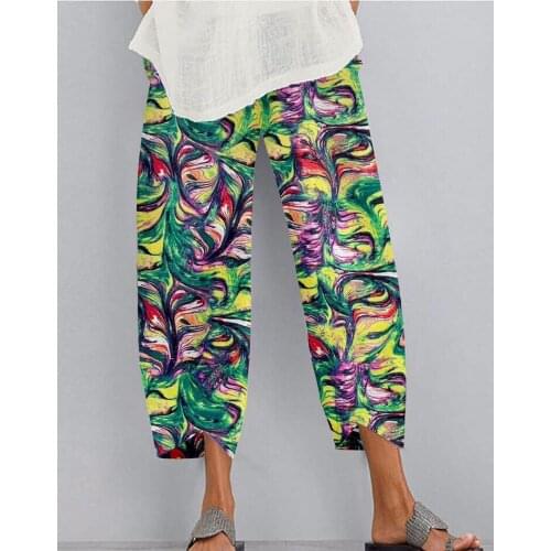 Vintage Printed Harem Pants Women Trousers Casual Elastic Waist Cotton Linen Wide Leg Pants Loose Pantalon Summer Plus Size Pant