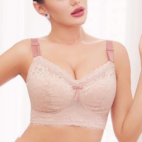 Womens Plus Size Wireless Bra Full Coverage Non Padded Underwear Lace Floral Embroidery Minimizer Bras Female Lingerie 36 38 E F