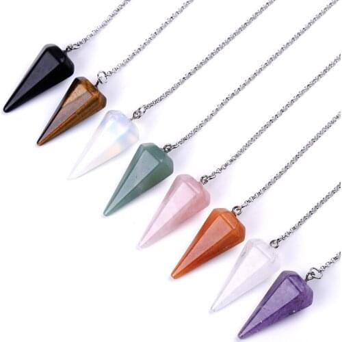 15x35mm Natural Healing Crystal Stone Reiki Pyramid Hexagonal Black Obsidian Pendulum Chain Pendant For Men Women Jewelry