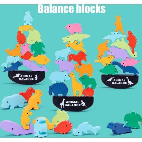 Children Montessori Wooden Dinosaur Animal Balance Blocks Board Games Toy Educational Stacking High Boys Building Block Wood Toy