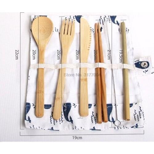 DHL 100set Portable Eco Friendly 7pcs/set Bamboo Cutlery Knife Fork Spoon Reusable Straws Chopsticks Bamboo Travel Utensils