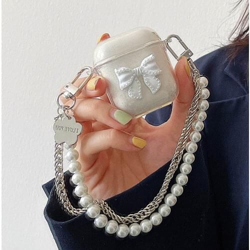 For Airpods 1 2 Bracelets Lanyard Pearl Chain Strap Clear Bow knot Case for Airpod pro 3 Wireless Earphone Cover Charging Box
