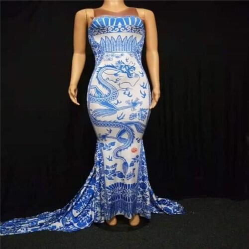 H121 Singer Dance Elastic Stretched Cheongsam Jumpsuit Trailing Dress Sleeveless Slim Strapless Party Blue And White Porcelain